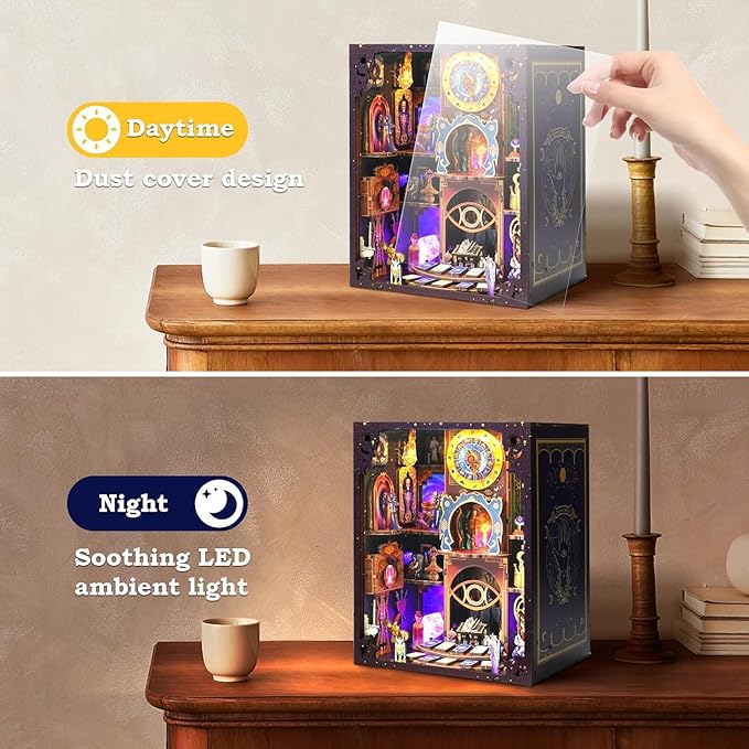 Tarot Book Nook Kit - 3D Wooden Puzzle for Adults, Teens & Beginners, DIY Miniature Bookshelf Insert with LED Light, Mysterious Craft Gift for Family, Friends