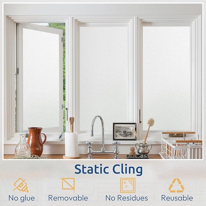 rabbitgoo Window Privacy Film, Non-Adhesive Frosted Glass Window Film for Bathroom, Static Cling Heat Blocking Stickers for Home Indoor Opaque Frosting Coverings House Tint, Matte White 35.4"x 118.1"