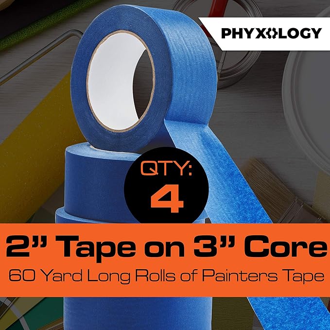 No-Residue Blue Painters Tape 2 inch 4x 60 Yard Roll. Easy-Tear, Pro-Grade Removable Masking Tape Great for Home, Office, Commercial Contractor. Clean, Drip-Free Painting w/ Wide Crepe Paper Rolls
