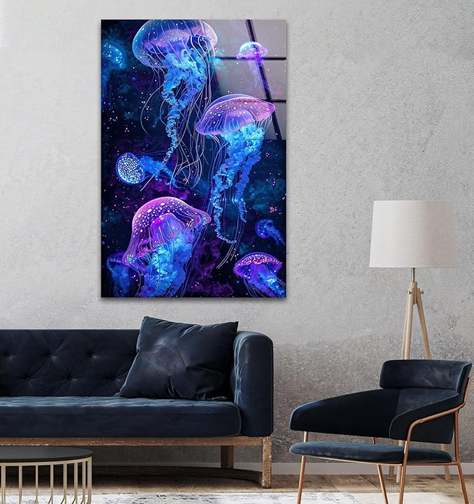 My Photostation.com 14Wx20H'' Glowing Jellyfish Glass Wall Art Tempered Glass Printing Wall Decor Large Wall Art Wall Hangings
