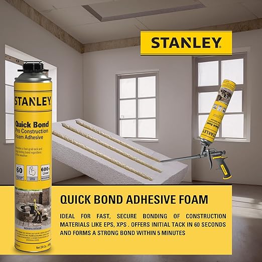 Stanley Quick Bond Adhesive Foam - 2x24oz, Reliable Bond Adhesive for Various Materials, Strong bonding, No Mixing, Gun Use, Including Gun, Cleaner | 2 Pack