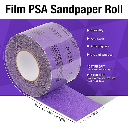 600 Grit PSA Purple Film Ceramic Sandpaper Roll, 2-3/4" Wide Continuous 20 Yard Longboard Sanding Roll Wet Dry Sanding Blocks Self Adhesive Sticky Back Sanding Sheets for Woodworking Automotive