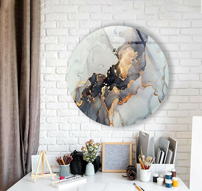 My Photostation.com 31.5''(80cm) Diameter Gold Details Gray Marble Round Glass Wall Art Tempered Glass Printing Wall Decor Large Wall Art Wall Hangings