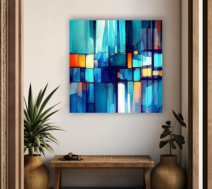 My Photostation.com 30Wx24H'' Blue Vibrant Stained Glass Wall ArtTempered Glass Printing Wall Decor Large Wall Art Wall Hangings