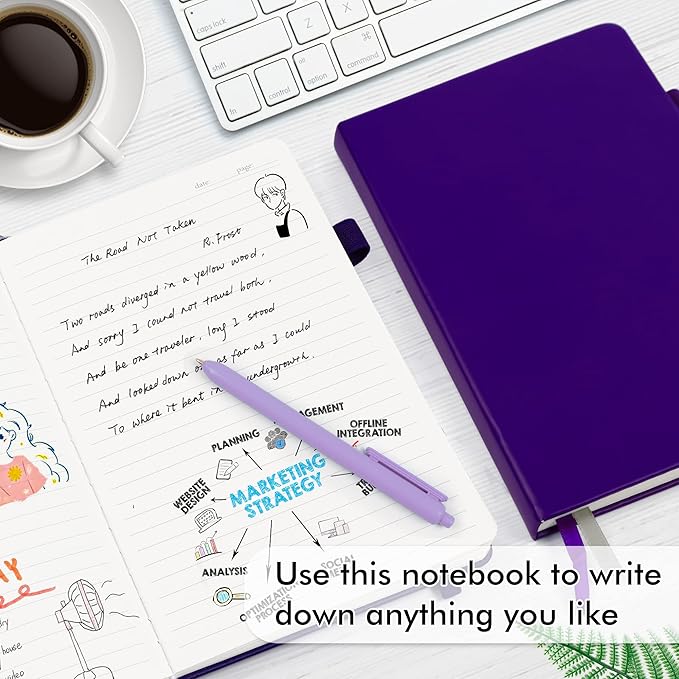 feela 5 Pack Journal Notebook Bulk for School, Hardcover Business Notebooks Classic Ruled Lined Journals with Pen Holder for Work Note Taking, with 5 Black Pens, 120 GSM, 5.1”x8.3”, A5, Purple