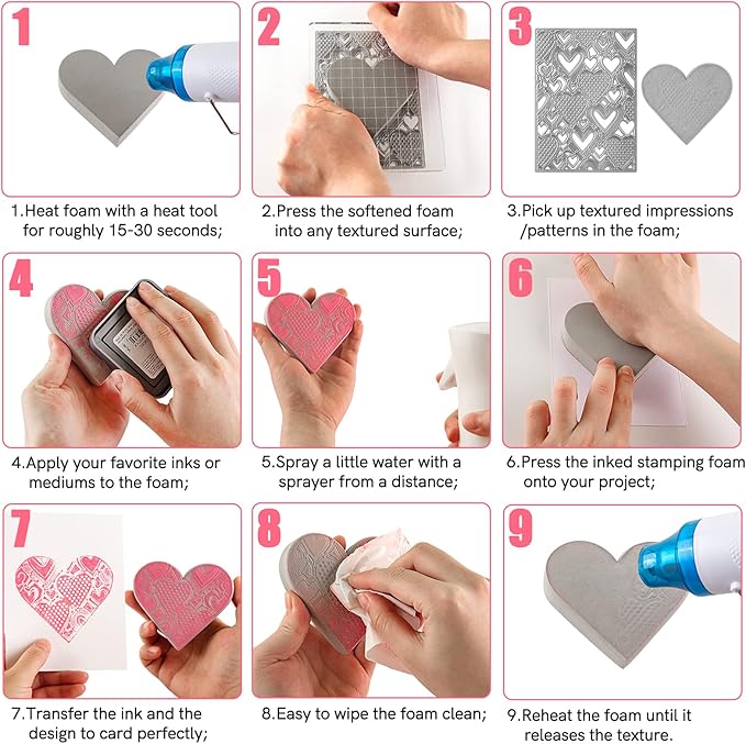 BAOFALI 6 Pcs Heart Cut Stamping Foam Grey Moldable Foam Stamps Plastic Dry Foam Stamp Pad Cut and Dry Foam Stamping Foam Block for Sculpture, Modeling, DIY Arts and Handicrafts Projects