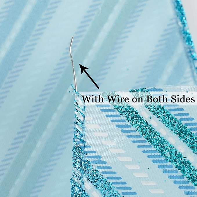 MEEDEE Blue Diagonal Stripe Ribbon 2.5 Inch Blue Satin with Turquoise and Teal Glitter Wired Ribbon for Wreath Bow, Topper Bow, Tree, Garlands (10 Yards)