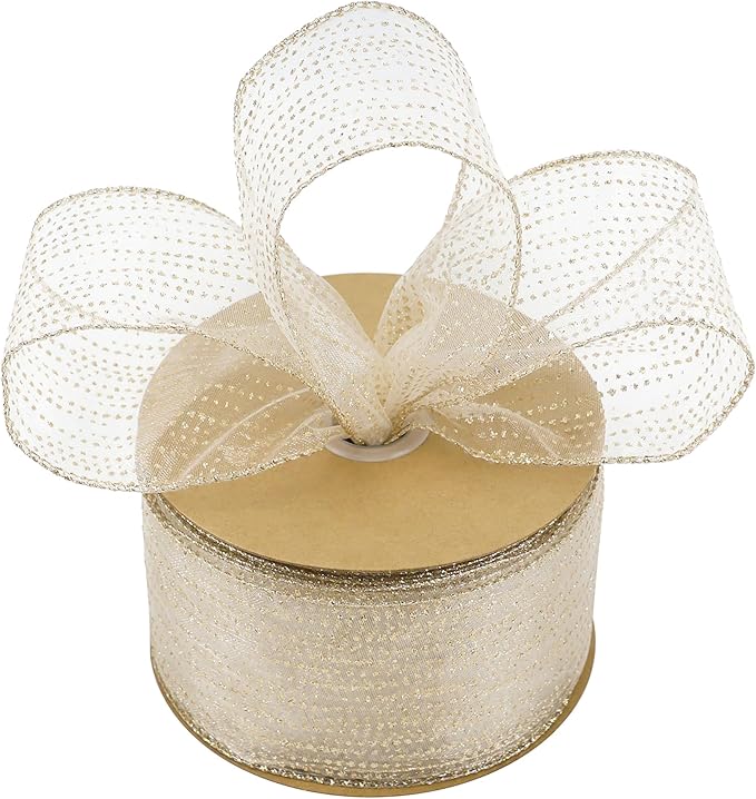 MEEDEE Champagne Gold Wired Ribbon - 2.5 Inch Horizontal Stripes Polka Dot Christmas Ribbon Organza Sheer Glitter - 25 Yards for Christmas Tree, Wreath Bow