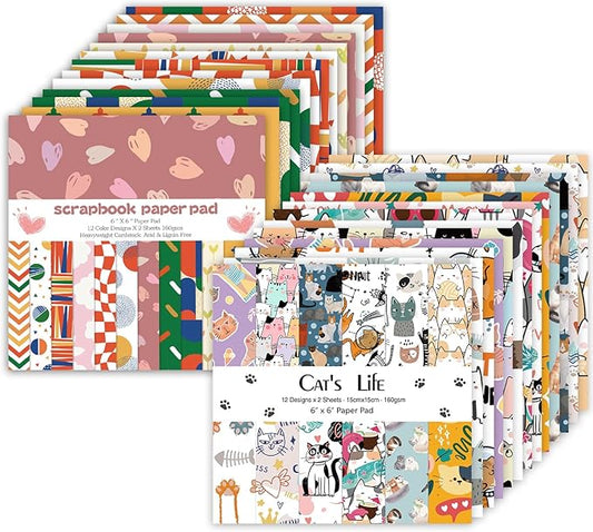 48 Sheets 24 Designs Scrapbook Paper Pad, 6"×6" Single-Sided Decopodge Craft Cardstock Paper,Scrapbooking DIY Decorative Background Cardmaking Supplies.Cat's Life&Sweet Love