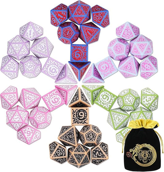 CiaraQ DND Polyhedral Dice Set (42pcs) with A Gold Pattern Drawstring Bag for Dungeons and Dragons RPG MTG Table Games. 6 Sets Fantasy Role Playing Dice