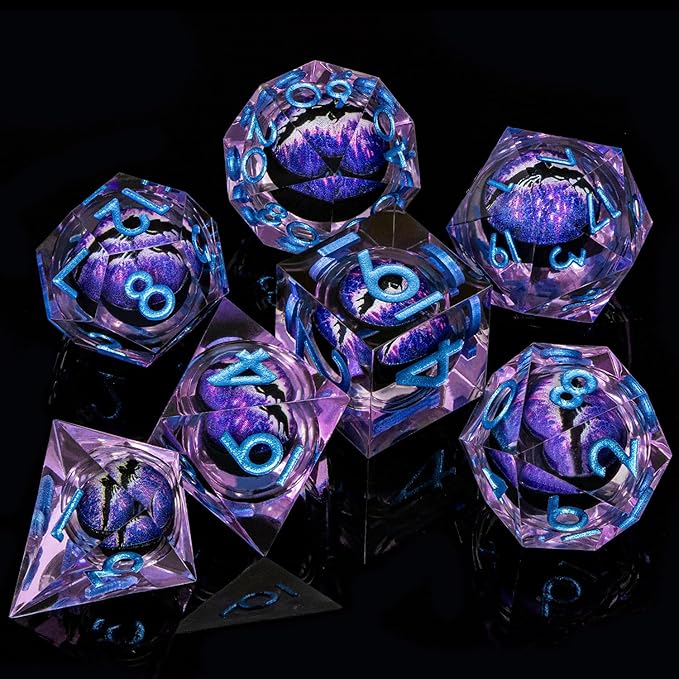ARUOHHA DND Resin Dice Dragon Eye Dice Liquid Core Purple Sharp Edged Dice Set with Gift Box, Polyhedral D and D Dice Set Compatible with Dungeons Dragons Role Playing Game D20 D12 D10 D8 D6