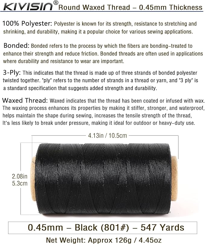 Thin Wax Polyester Thread, 0.45mm, 547 Yards, 3 Ply Round Waxed Cord Strings for Sewing, Beading, Binding, Micro Braiding, Fine Leather Craft and Micro Macrame Jewelry - Black