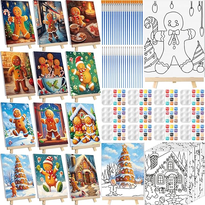 Zhanmai 12 Pack Pre Drawn Canvas for Painting Sip and Paint Kit 8" x 10" Paint Party Set Canvas Painting Pre Printed Canvases for Party Favor DIY Virtual Adult's Date Night(Gingerbread Man)