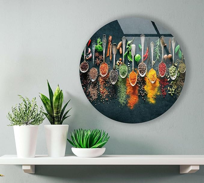 My Photostation.com 10''(25cm) Diameter Colorful Herbs Round Glass Wall Art Tempered Glass Printing Wall Decor Large Wall Art Wall Hangings