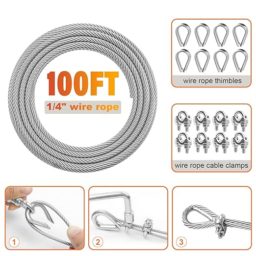 Stainless Steel Cable for Railing - 100FT 1/4" T316 Wire Rope with Clamps and Thimbles - 7 x 19 Strands 6700 LBS Breaking Strength for Outdoor Deck Railing Zipline