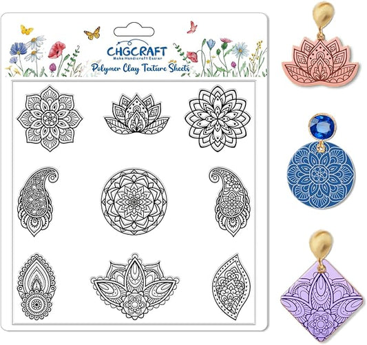 CHGCRAFT Mandala Polymer Clay Texture Sheets Single Mandala Floral Paisley Pattern Silicone Texture Stamp Clay Texture Mat Modeling Pattern Pad Sheets for Jewelry and Earrings Tools, 5.5x5.5 inch