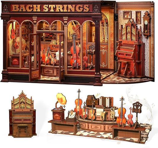 CUTEBEE Book Nook Kit - DIY Miniature House Dollhouse Kit for Adult and Teens, Booknook Bookshelf Decor Alley Model Build with LED Light, Gifts for Family and Friends (Bach Strings)