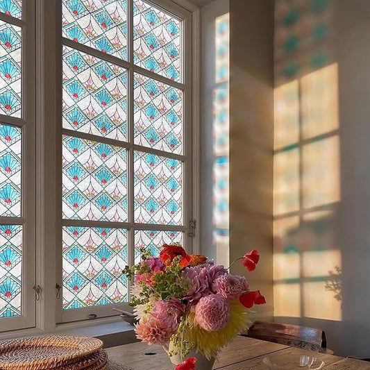 3D Stained Glass Window Film, Decorative Window Privacy Film for Bathroom,Front Door,Home, Sun Blocking Heat Control,Static Cling,23.6inch x 35.4inch Refractive Narrative