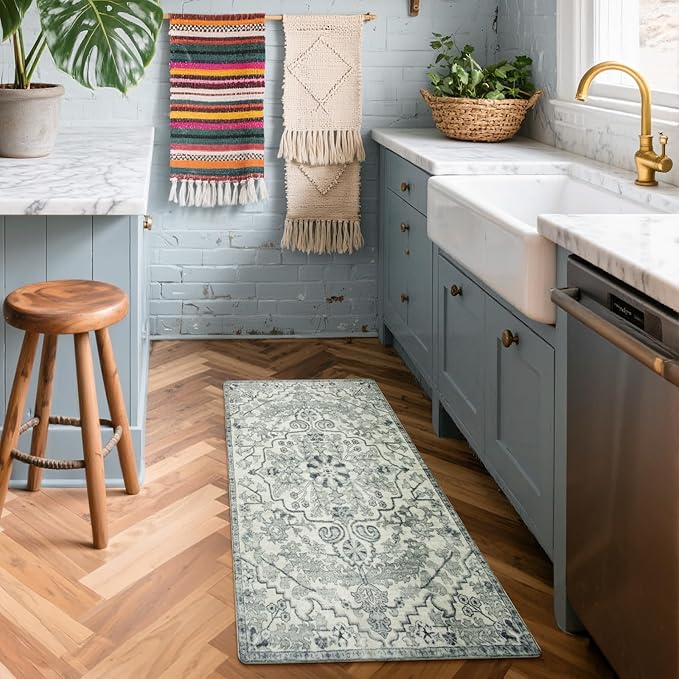 Lahome Bohemian Floral Medallion Runner Rug - 2x4 Beige Non Skid Laundry Room Rug Runner Hallway Runners, Distressed Soft Machine Washable Indoor Accent Carpet Runners for Bedside Entryway
