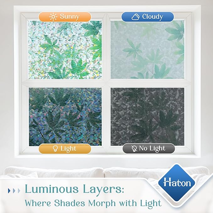 Haton Window Privacy Film, Decorative Stained Glass Window Clings, 3D UV Sun Blocking Sticker, Removable Static Cling Heat Control Tint for Home Door, Leaf Rainbow, 35.4" x 157.4" Non-Adhesive
