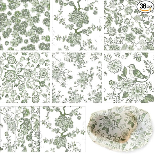 Epakh 36 Pack 6 Style Sage Green Decoupage Paper Napkins Assorted Floral Decorative Decoupage Napkin Chinoiserie Cocktail Paper for DIY Crafting Fall Christmas Wedding Party Decor, Each Unfolded 13''
