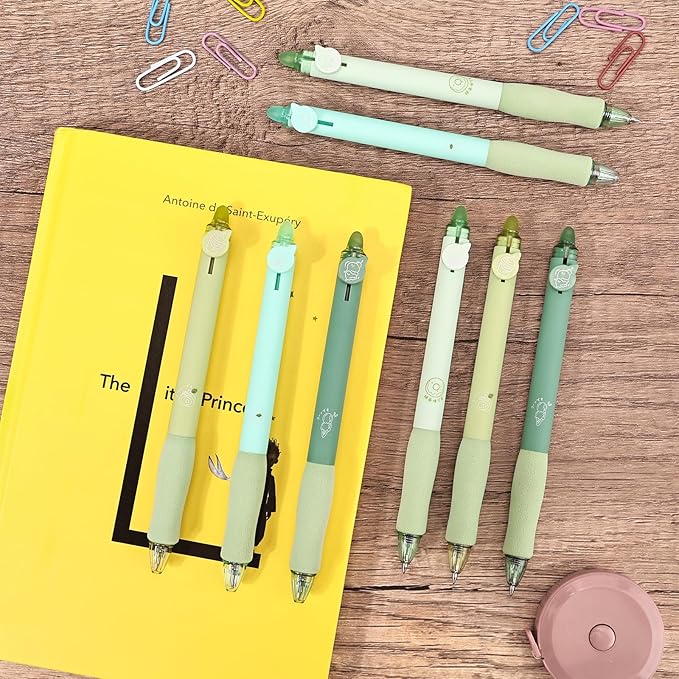 BAYTORY 8Pcs Cute Retractable Erasable Gel Pens, Blue and Black Ink Pen with Eraser Clear, Smooth Writing Comfortable to Use for Note Taking Marking Planner Crossword Puzzles (Green)