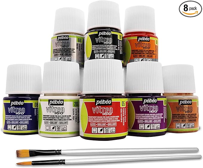 Pebeo Vitrea 160 Glass Paint - Transparent Colour Glossy and Brilliant - Made in France - DIY Craft Paint for Stained Glass and More - Set of 8 Colors Bundled Application Brushes