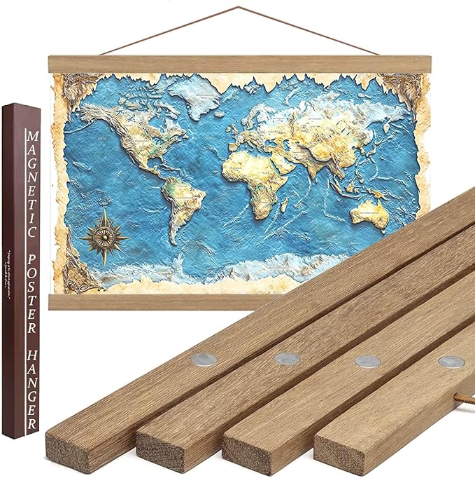 DACRI HOME 52" Magnetic Poster Hanger Frame - Sturdy Teak Wood Poster Frame 52x20 52x32 52x36, Strong Magnets for Easy Hanging Map Picture Canvas Print Scroll Wall Art (52 Inch, Natural Wood)