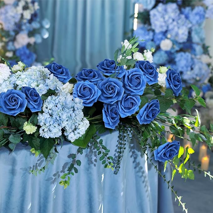 Artificial Flowers Foam Fake Roses 25pcs Royal Blue Roses with Stems for Home Decor DIY Wedding Bouquets Party Bridal Shower Centerpieces Faux Flower Arrangements Tables