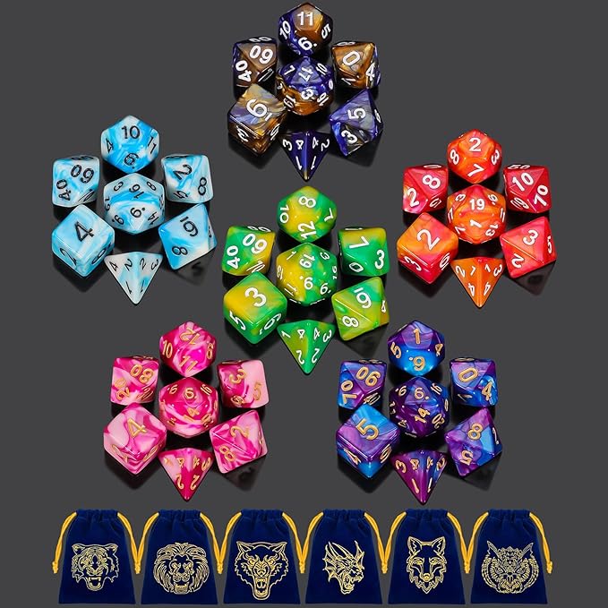 QMay DND Dice - 42pcs Polyhedral Dice, 6 Set Complete Double-Colors D&D Dice Sets with 6 Blue Drawstring Bags for Dungeons and Dragons RPG MTG Table Games