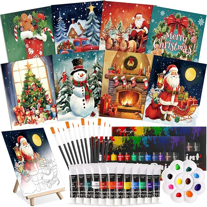 Cholemy 36 Pcs Paint and Sip Kit for Adults 8''x10'' Pre Drawn Canvas for Painting DIY Afro Acrylic Painting Kit Wood Easel Brushes Date Night Bulk for Christmas Party Gifts(Christmas A)