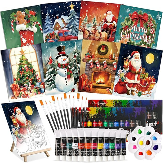 Cholemy 36 Pcs Paint and Sip Kit for Adults 8''x10'' Pre Drawn Canvas for Painting DIY Afro Acrylic Painting Kit Wood Easel Brushes Date Night Bulk for Christmas Party Gifts(Christmas A)