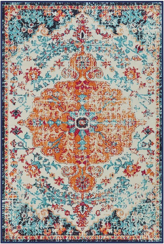 Lahome Bohemian Floral Medallion Area Rug - 4x6 Oriental Distressed Bedroom Rug Country Vintage Faux Wool Indoor Throw Mat Non-Slip Washable Low-Pile Carpet for Bathroom Living Kitchen Laundry Room