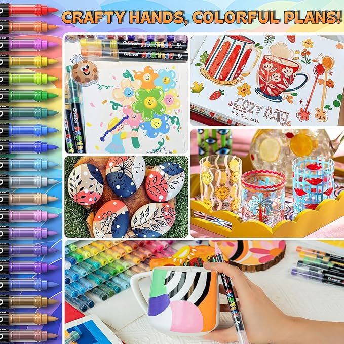 Overseas Acrylic Paint Markers 60 Colors, Brush Tip Paint Pens with Automatic Ink Control System, Quick Drying Liquid Ink Acrylic Marker for Rock, Wood, Canvas, Glass, Fabric, Metal, Plastic, Rubber