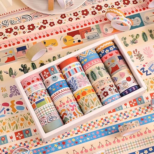 emmoolife 35 Rolls Washi Tape Set, Colorful Cute Floral Writable Decorative Tapes for Scrapbooking and Journaling, Junk Journal Supplies, Bullet Journaling for Women Girl 5-30mm Wide 9.84ft Long/Roll