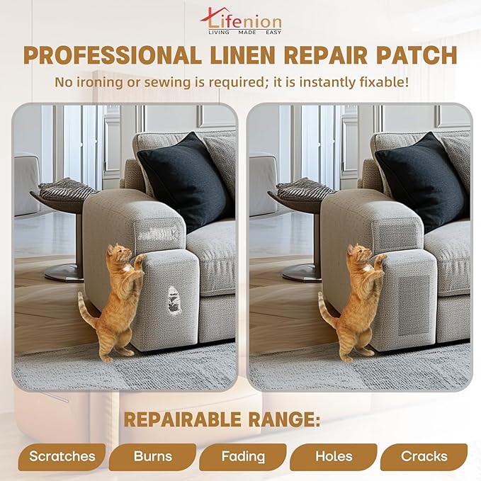 Fabric Repair Patches, 17X79 inch Linen Self-Adhesive Fabric Repair Tape, Strong Sticky Linen Patch for Sofas, Tote Bags, Clothing, Car Seats, Furniture（Medium Grey, 17X79 inch）