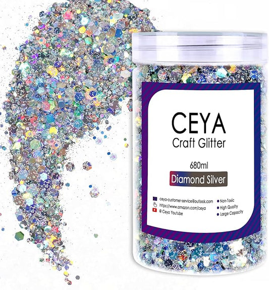 Ceya Holographic Chunky Glitter, 1 LB/ 16OZ Laser Diamond Silver Bulk Craft Glitter Mixed Chunky Fine Glitter Bottled Metallic Flake Nail Sequins for Resin, Tumblers, Scrapbooking, Festival Decor, Art