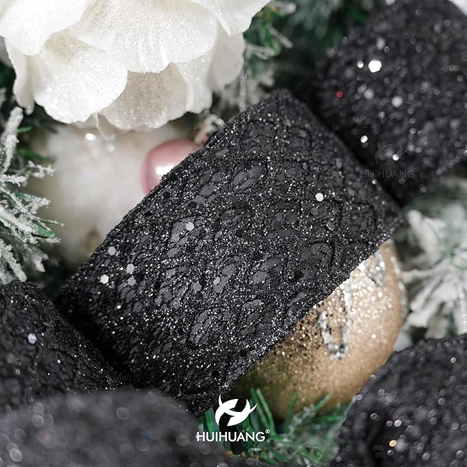 HUIHUANG Glitter Black Wired Ribbon for Christmas Tree 2.5 inch Black Diamond Mesh Wire Ribbon for Tree Decoration, Wreaths, Garland, Gift Wrapping, Bows Making, Halloween Decor -10 Yards