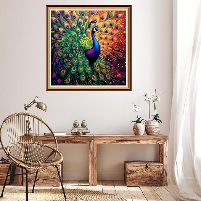 Hopeart Stamped Cross Stitch Kits for Beginner Embroidery Kits for Beginners Adults DIY 11CT Cross Stitch Patterns Needlepoint Kits Crossstitching Kits-Colorful Peacock 18x18 inch
