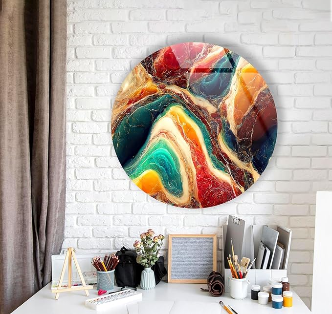 My Photostation.com 10''(25cm) Diameter Colorful Marble Swirl Round Wall Art Abstract Glass Decor with Earthy Tones & Gemstone Texture