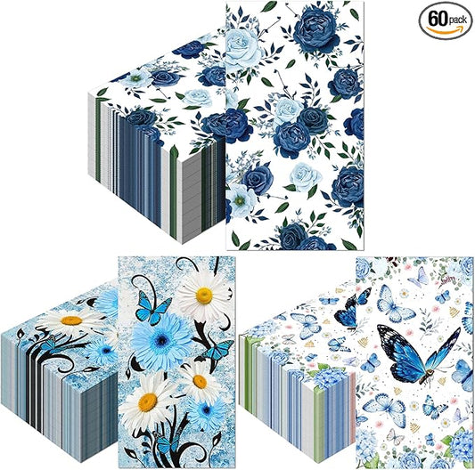60 Pack 3 Styles Floral Napkins-Blue Party Supplies Vintage Flower Paper Napkins Tea Party Decorations for Birthday,Baby Shower, 12.9 * 15.7 inch