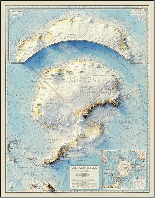 Muir Way Shaded Relief Elevation Map of Antarctica - Vintage-Style Topographic Wall Art with Map Look - Unframed Flat Paper Print, 35x45