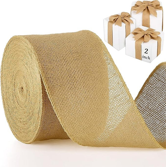 Chuangdi 40 Yard 2 Inches Burlap Ribbon Wide Jute Ribbon Natural Burlap Fabric Roll Wired Edge for Wreaths, Christmas Tree Decoration, Big Bow Crafts, Gift Wrapping, Wedding