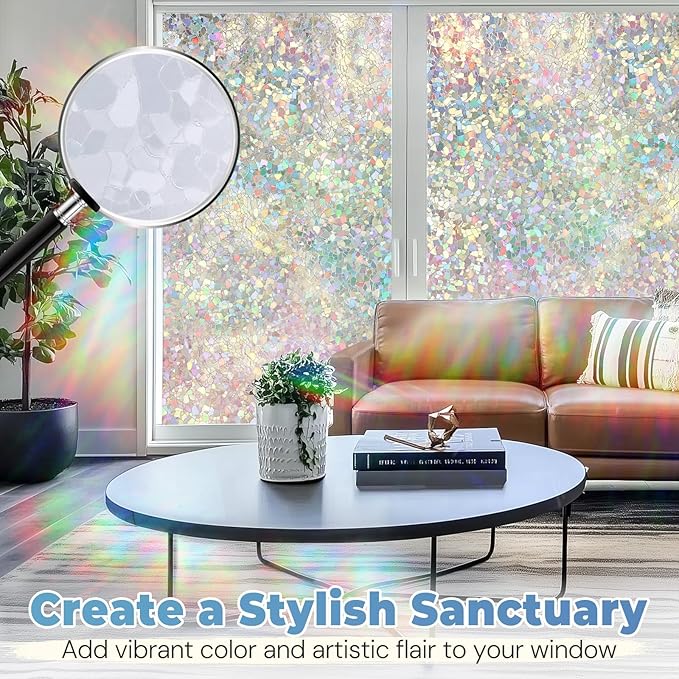 DOWELL Window Privacy Film Rainbow Film, Stained Glass Decorative Sticker, Static Cling Non-Adhesive Glass Clings, Sun Blocking Heat Control Window Coverings for Home Door, 35.4" x 78.7"