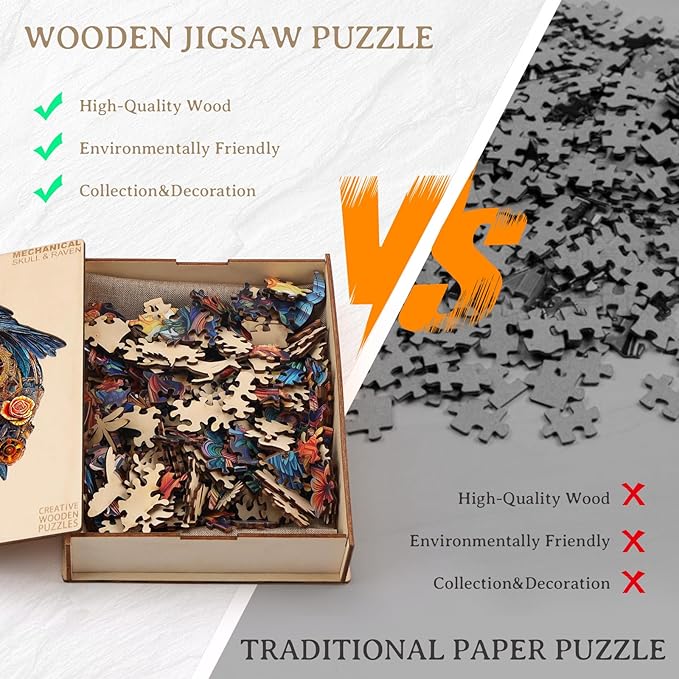 KAAYEE Wooden Puzzles for Adults, Raven & Mechanical Skull Wooden Jigsaw Puzzle 355 PCS Unique Shape Wood Puzzles Adult, 3D Visual Effect Flat Puzzle Birthday Gifts Family Games (XL-17.3 * 15.4in)