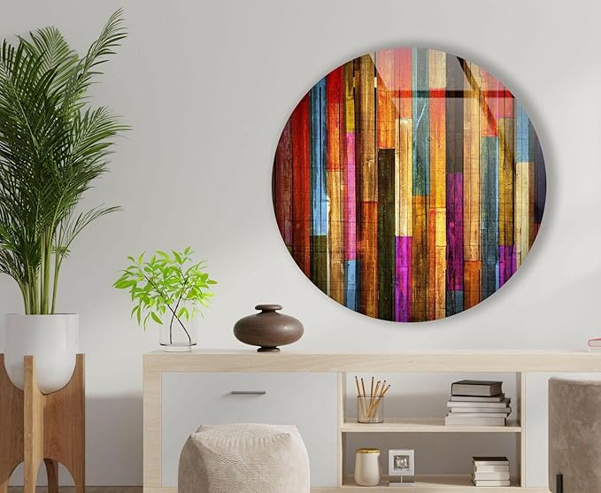 My Photostation.com 15.8''(40cm) Diameter Colorful Wood Pattern Round Glass Wall Art Tempered Glass Printing Wall Decor Large Wall Art Wall Hangings