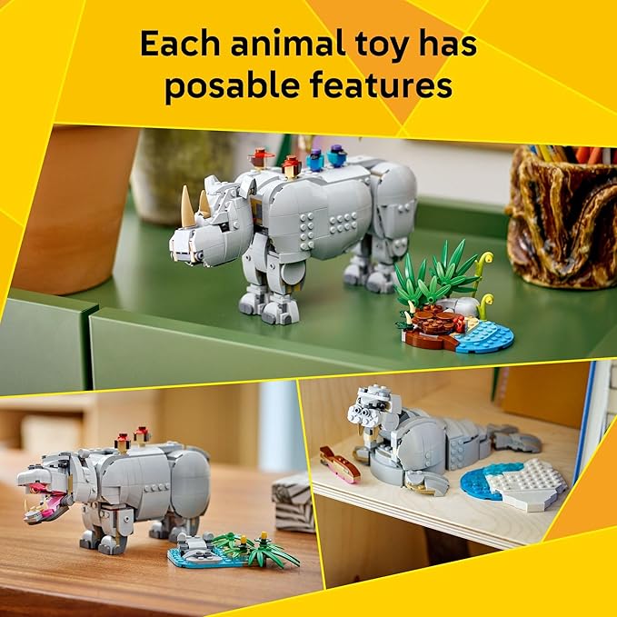 LEGO Creator 3 in 1 Wild Animals: Majestic Rhino with Birds Pretend Play Toy for Kids - Safari Toy Building Set for Girls & Boys, Ages 9+ - Build 3 Animals in 1 Kit - Gift for Birthdays - 31171