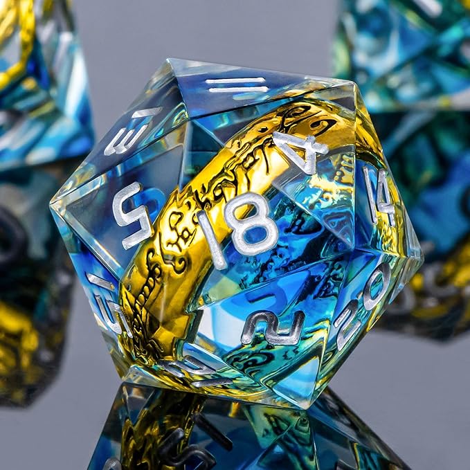 OUKELANWO Magic Lord Rings DND Dice Set with Box, 7Pcs Resin LOTR D&D Dice Set for Role Playing Game, Blue Dungeons Dragons D and D Sharp Edge Dice D20 D12 D10 D8 D6 D4