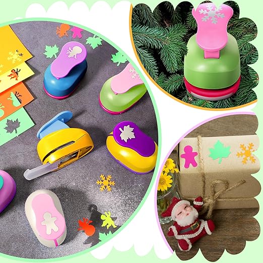 CHENGU 16 Pcs Craft Holes Punch Paper Punchers Scrapbook Punches with Craft Sticker Paper, Round, Star, Square, Heart, Flower, Wave Circle Shape (1 Inch,Christmas)