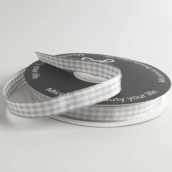 Gray Gingham Plaid Checked Ribbon 25 Yards Each Roll 100% Polyester (3/8",Gray)